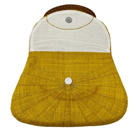 NWOT Anthropologie Mar Y Sol Straw Clutch Purse Yellow w/ Gold Thread +Wood - Picture 3 of 9